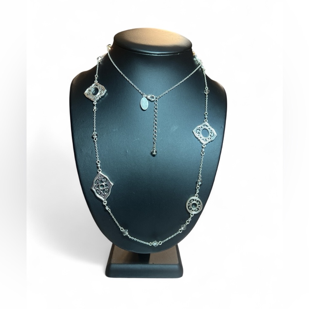 White House Black Market Silver Tone‎ Filigree Medallion Long Layering Necklace